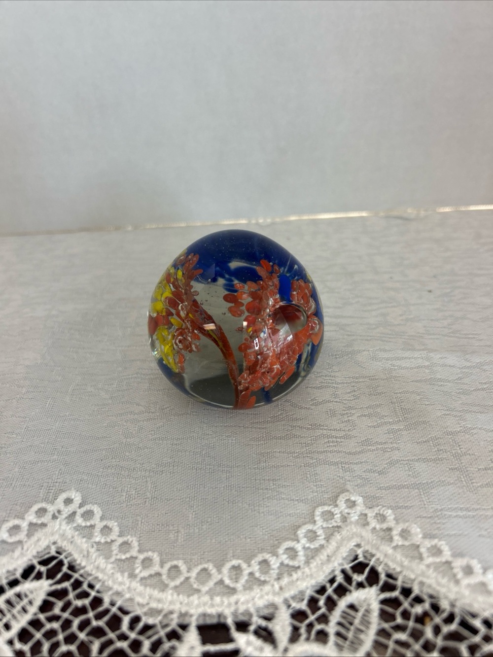 Glass 2” Paperweight Hand Blown Desk Ornament Coral Flower Multi Colored